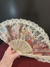Vintage Fabric Spanish Dancers Hand-Held Folding Ladies Fan