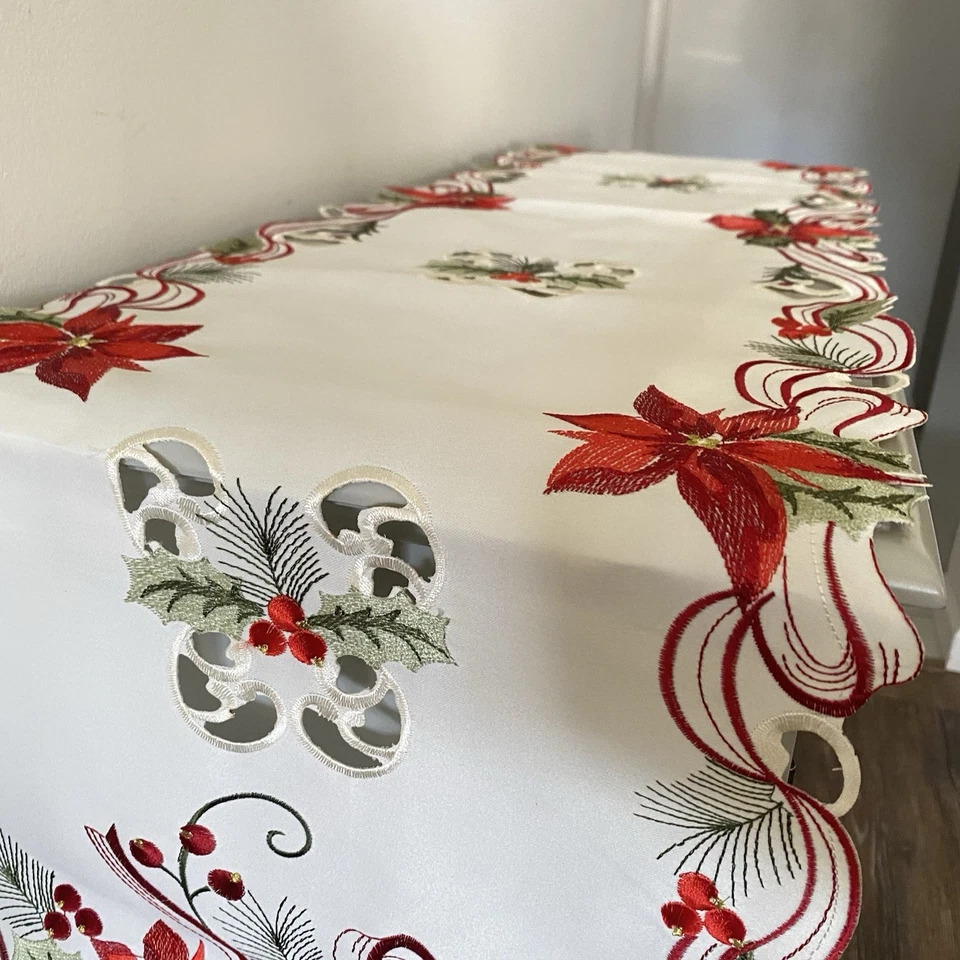 Christmas Holiday Table Runner Embroidered Holly Berry Linen Blend 13" X 69" - Image 3 of 4