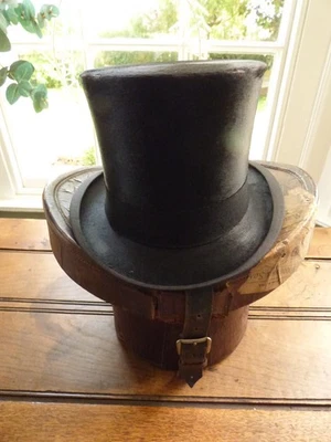 Antique Silk Top Hat Size 7 1/8th (57.5cm) UK Original Leather Box with Labels - Image 1 of 4