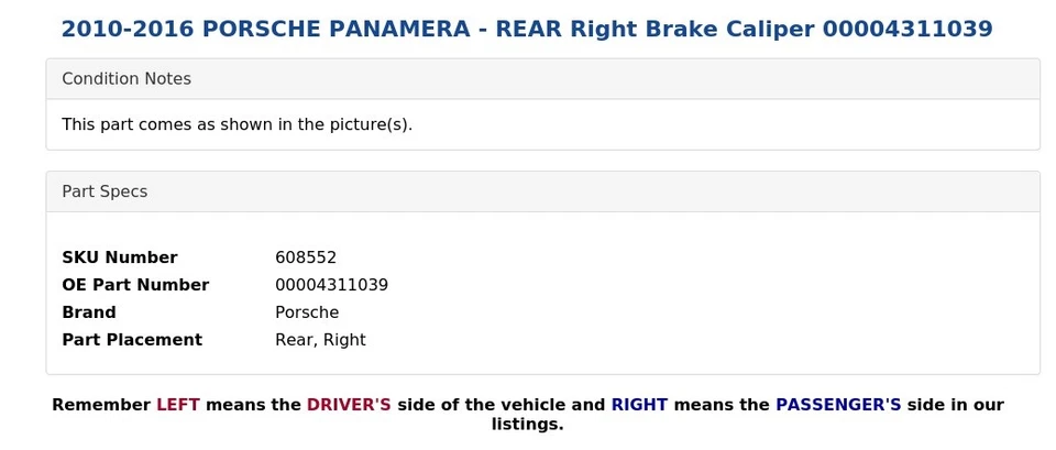 Pinza de freno trasera derecha Porsche Panamera 2010-2016 00004311039 Foto 4 de 4