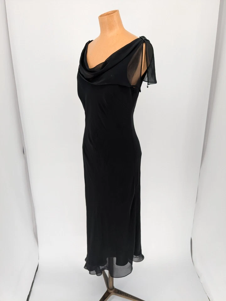 De Colección Liz Claiborne Asimétrico Negro Vestido de Noche Capucha Cuello Superposición Transparente Talla 8 Foto 3 de 4
