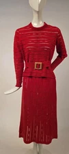 ART DECO 1930’S LIPSTICK RED HAND KNIT 3 PC SWEATER DRESS SET W MAPLE BUTTONS