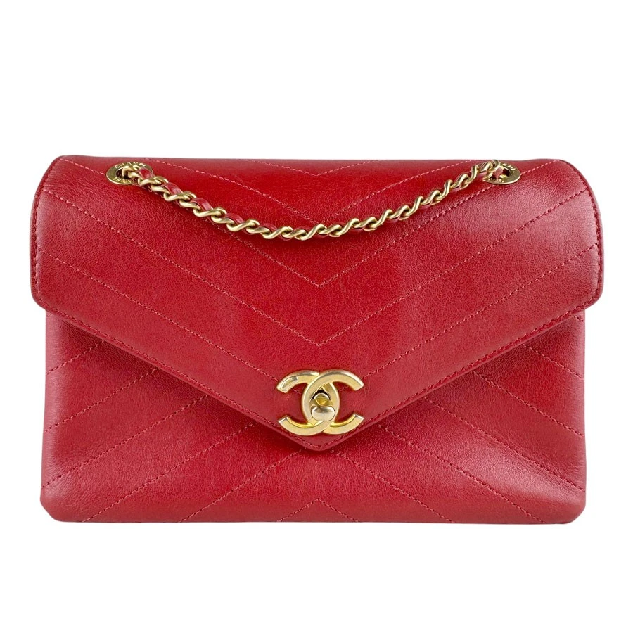 Chanel — Auth CHANEL V Stitch Chian Shoulder Bag Red/Gold Leather/Metal - z9609