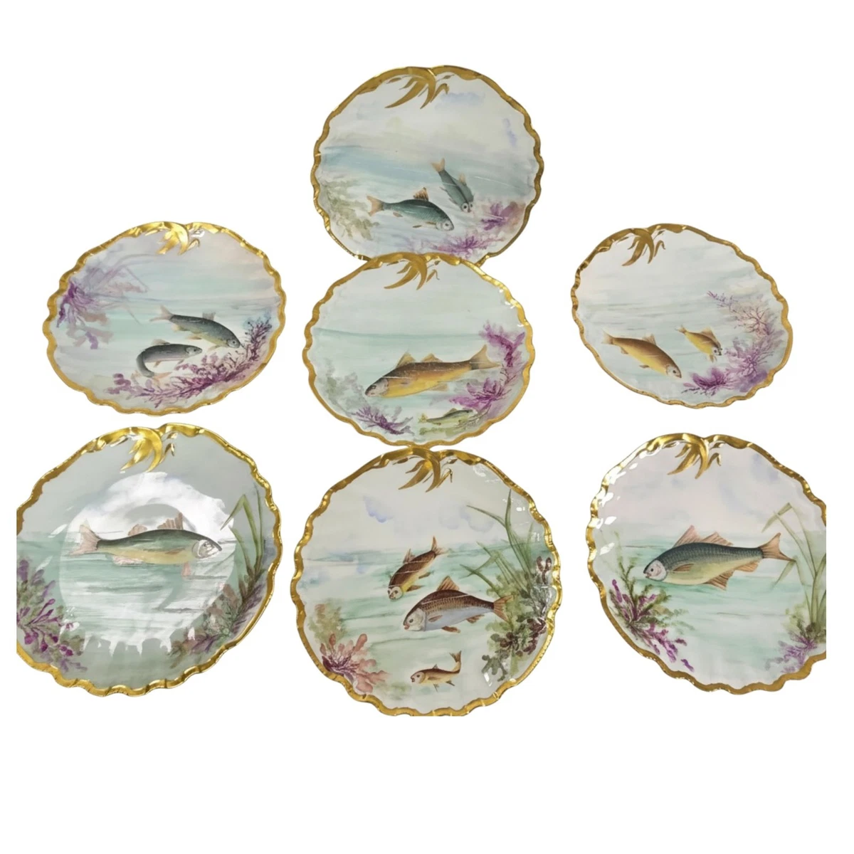 Antique Fish Set In Antique Ceramic & Porcelain Plates & Chargers