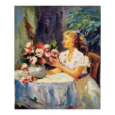 Square Hand Painted Oil on Canvas 50x60 CM Made in Italy Woman and Flowers