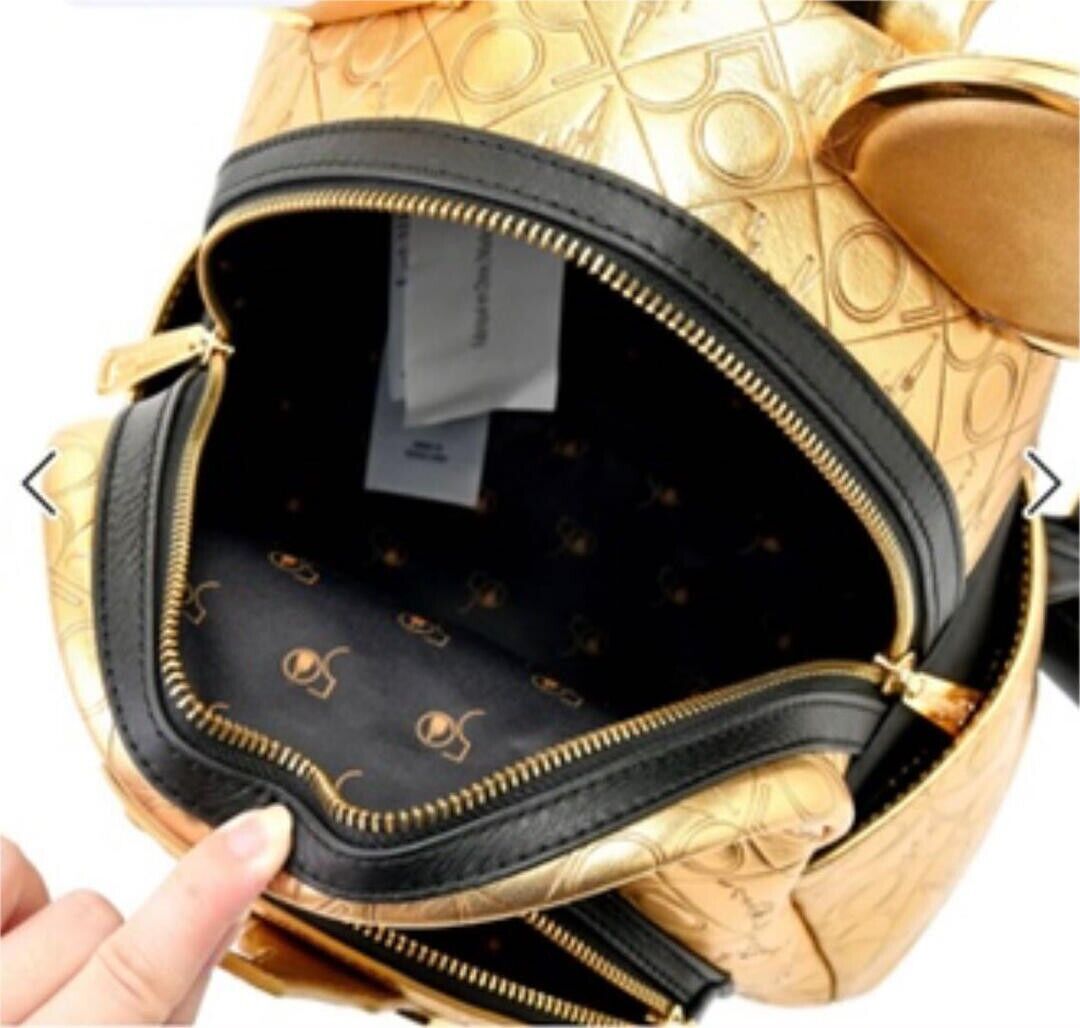 24K Gold Plated Loungefly Disney 50TH Real Genuine Leather Gold Backpack