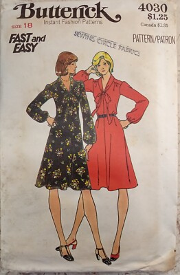 BUTTERICK 4030 VTG 70s Dress Close-fit Flare Midi V-neck Ties 18 UNCUT Pattern