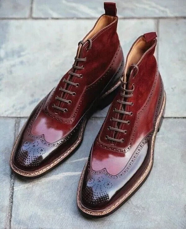 Handmade Men Ankle Boots Leather Two Tone Formal Dress Wingtip Boots For Men