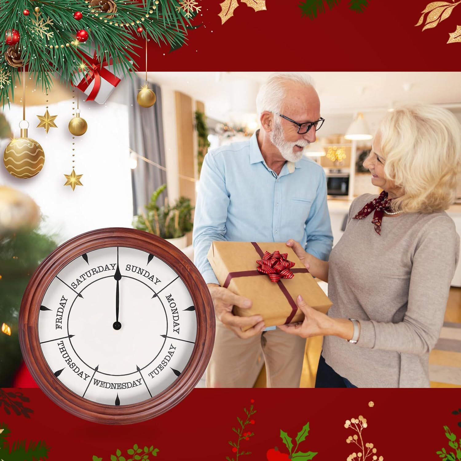 Day of The Week Clock 14'' Retirement Wall Clock with Wood Frame Day Wall Clock