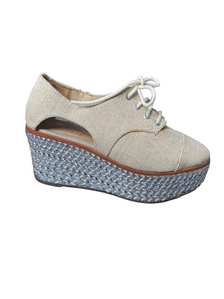 Schutz Lona Trozo Y2K Alpargata Cuña Plataforma Zapatos Talla 6.5 Trenza Metálica Foto 3 de 4