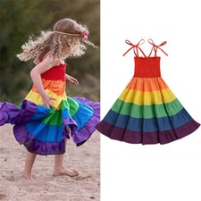Toddler Baby Girls Rainbow Dress Princess Sleeveless Beach Tutu Dresses