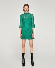 $70 Zara LACE MINI DRESS w/ flare sleeve-Green-ref 4437/256-size XS-NWT