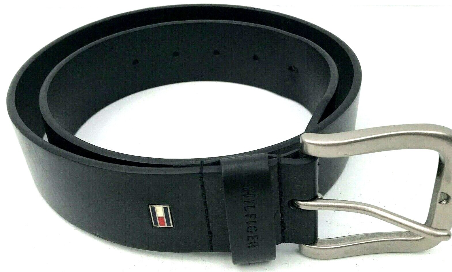 Tommy Hilfiger Mens Black Leather Belt Size 32 80 with Box Logo 1.5 Inches Wide