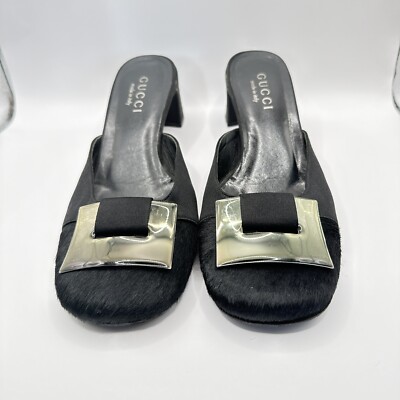 Vintage GUCCI Black Heels Slides Size 7B PONY STINGRAY