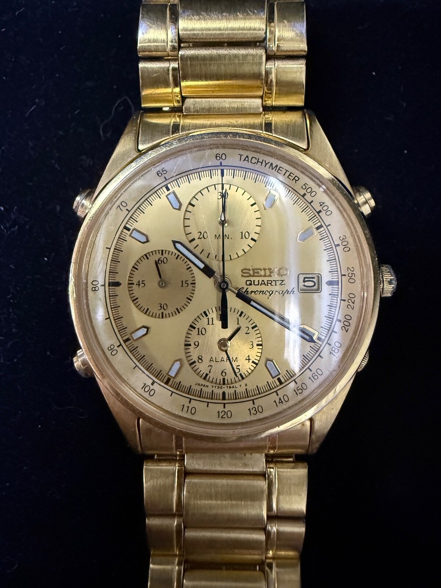 💎 Vintage Seiko 7T32 Gold Chronograph Alarm Quartz Watch – Retro