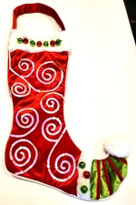 CHRISTMAS STOCKING RED ELF TOE Velvet Satin Fuzzy Jingle Bells WHIMSICAL FUN 23"