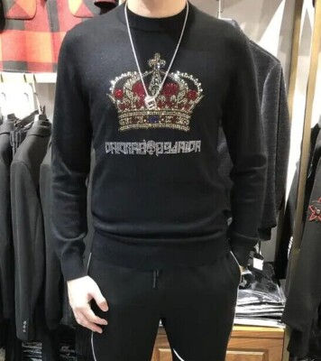 New Men Luxury Diamond Crown Rhinestones Fashion Knitted Black Sweater