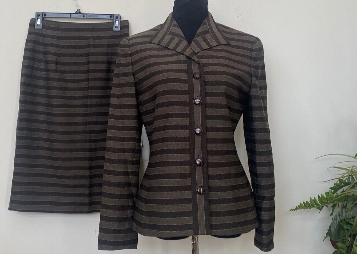 Gonna Christian Dior donna marrone a righe 100% lana 2 pz taglia 10 EUC! $1 495