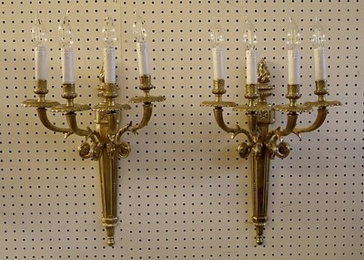 20C Exceptional French Louis XVI Style Solid Brass Sconces Pair Wired