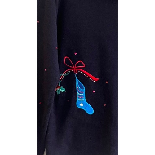 Karen Scott Black Christmas Sweater Embroidered Beaded Stockings Tassel Collar M - Picture 5 of 8