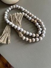 Rustic Boho Wooden Beaded Garland With Tassels For Home Decor White Wash Effect