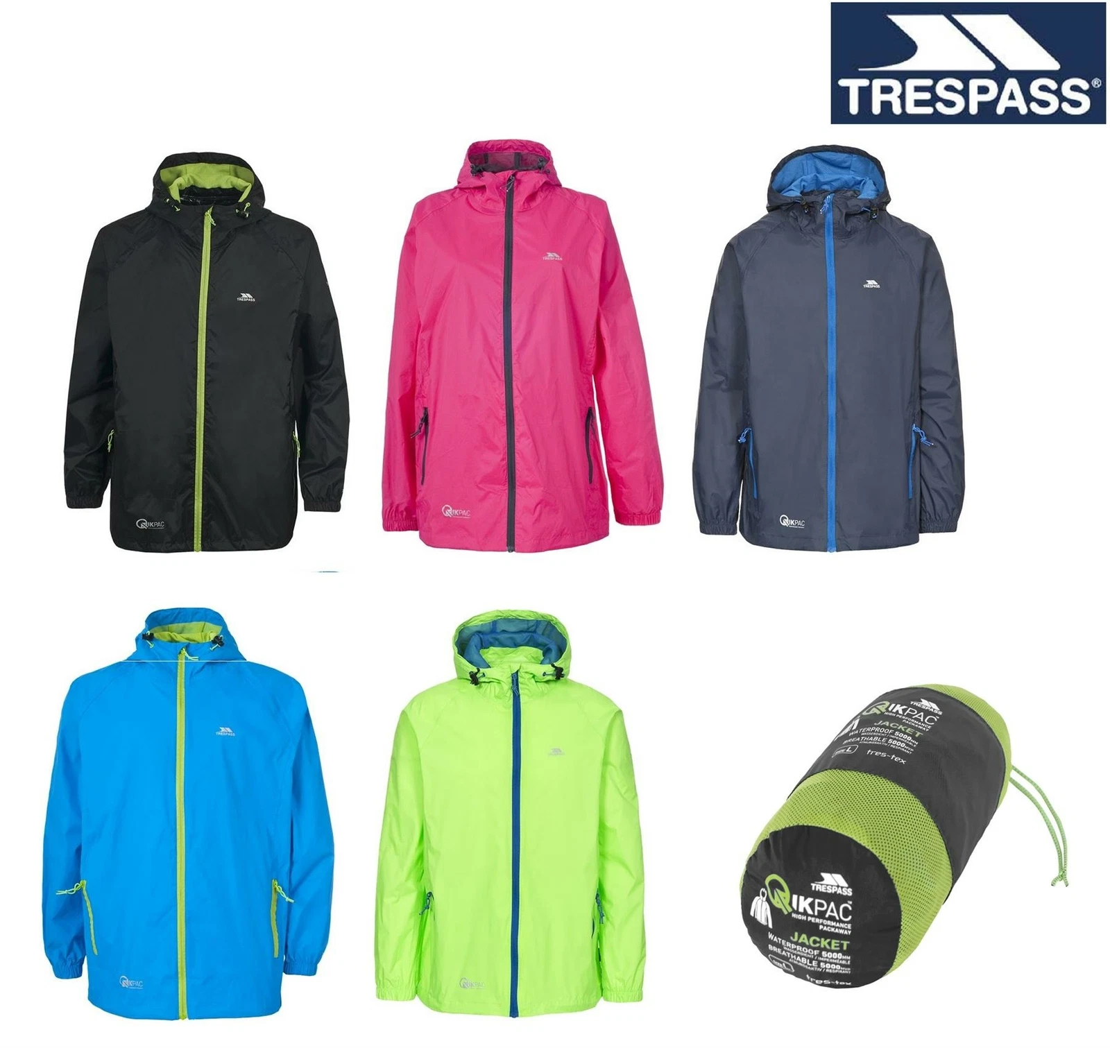 Trespass Qikpac Mac Packaway Waterproof Jacket Packable Unisex Hooded Coat