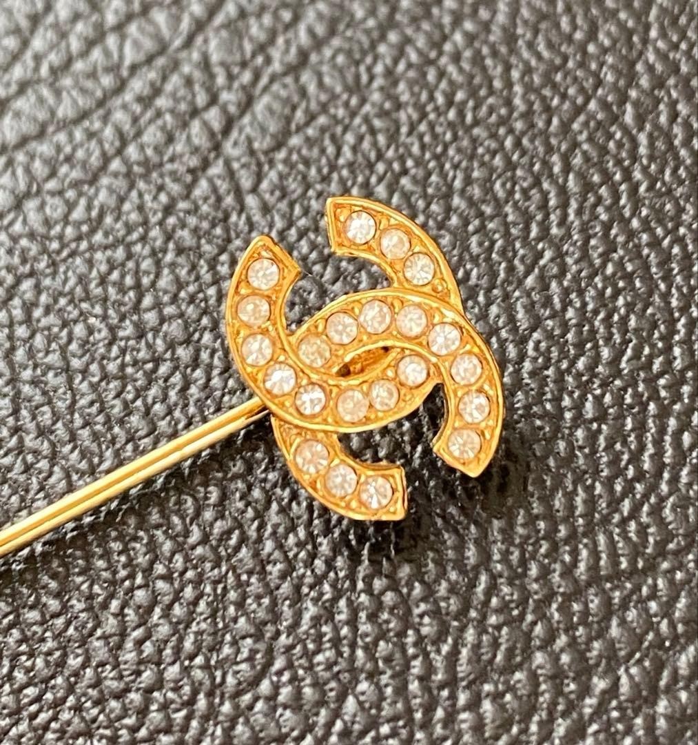 CHANEL Pin Brooch Coco Mark Rhinestone Gold Serial Stamped Brooch