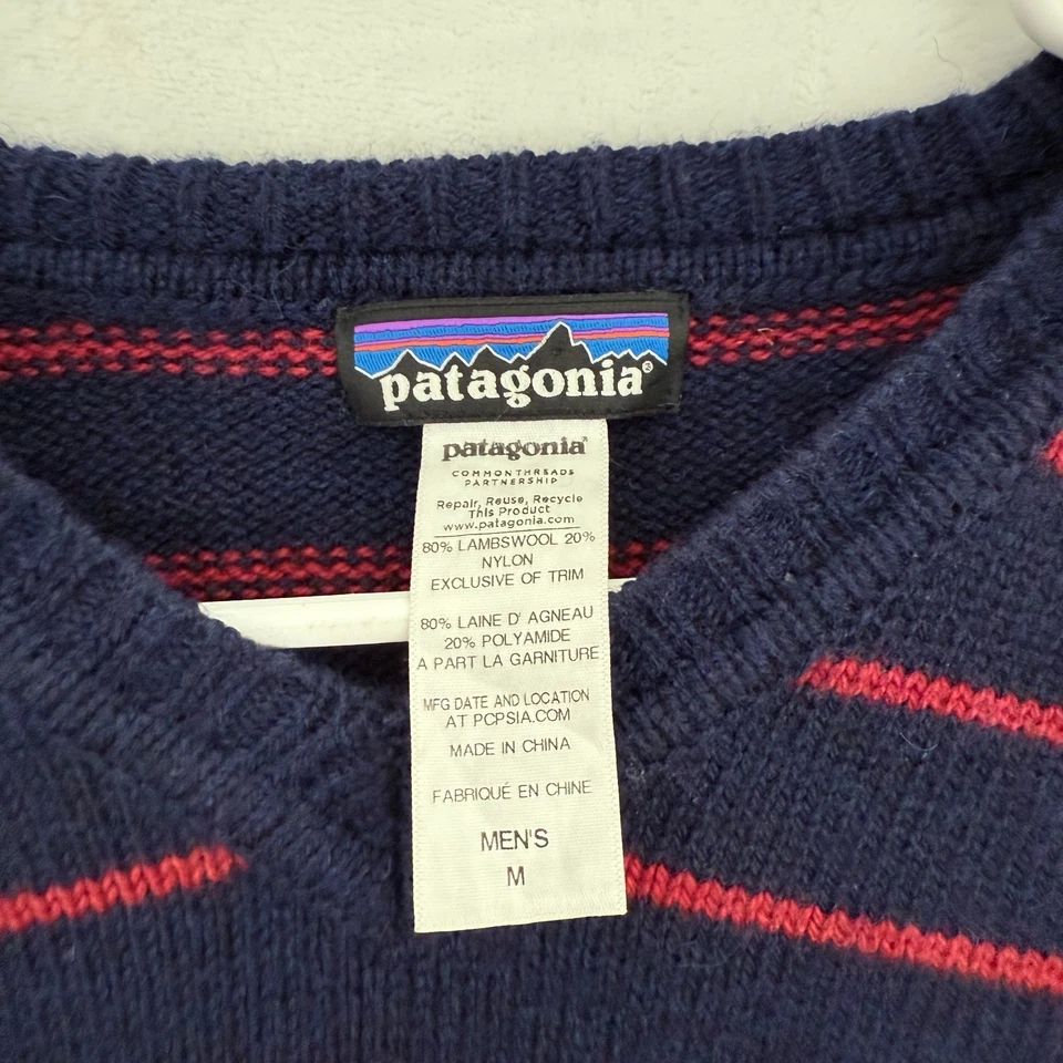 Suéter Patagonia Para Hombres M Azul Rayas Mezcla Lana de Cordero Cuello en V Pullover Elástico Foto 3 de 4