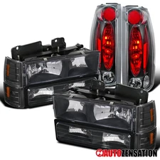 Fit 94-98 GMC C10 1500 Black Headlights+Bumper Corner Lamps+Clear Tail Lamps