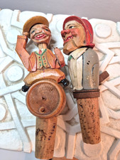 TWO  Mechanical Wood Bottle Hand Painted & Carved Wine Stopper BarWare Folk Art