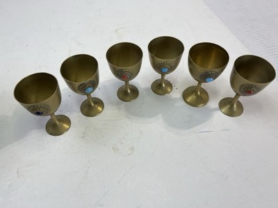 Brass Middle Eastern Goblets / Shot Glasses Gemstone Accent Vintage Lot of 6 CCC