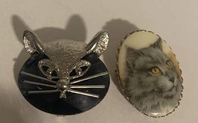Designer Signed BSK cat Topaz Crystal  Brooch & Vintage Cat Brooch Porcelain