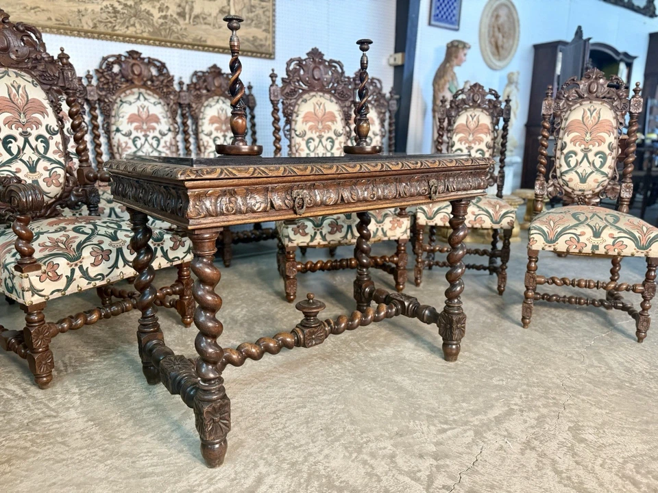 Antiguo juego de sofá de salón de 10 piezas de roble torcido cebada caza de la Selva Negra alrededor de 1860 Foto 2 de 4