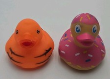 Lot of 2 Rubber Ducks Tiger Duck  Donut Sprinkle Duck Bath Toy Set Cute Novelty