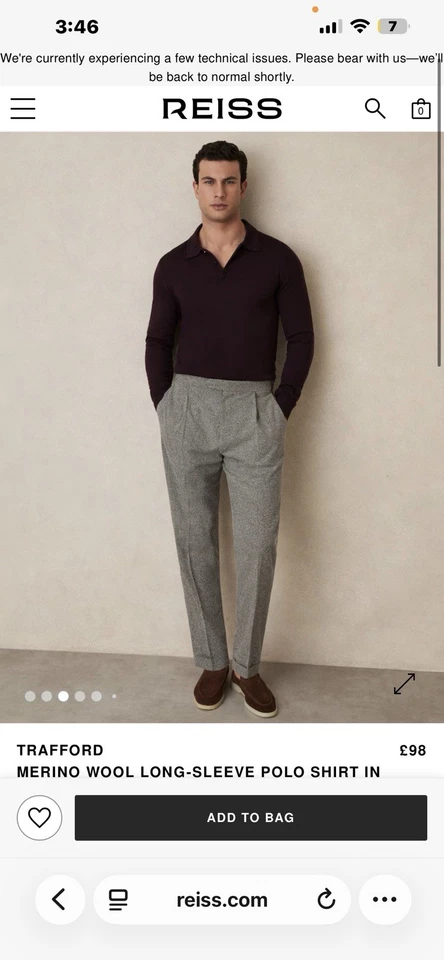 REISS TRAFFORDMERINO WOOL LONG-SLEEVE POLO SHIRT IN DARK BORDEAUX•size L - Image 3 of 4