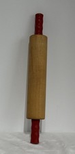Vintage Wooden Rolling Pin Red Handles 16  Farmhouse Primitive Baking Kitchen