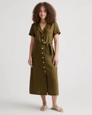 Quince European Linen Button Front Midi Dress Martini Olive Green Medium