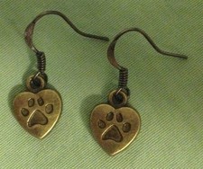 HEART PAW PRINT EARRINGS, SMALL - Pewter with Bronze-Toned Ear Wires DOG CAT
