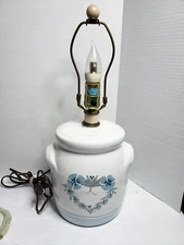 Mahon 1987 Pottery Stoneware Crock Style Table Lamp No Shade 18" t w/wood finial