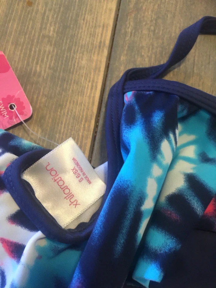 Nuevo con etiquetas Top de bikini halter multicolor azul/rosa Xhilaration para niñas talla: pequeño (6) Foto 3 de 4