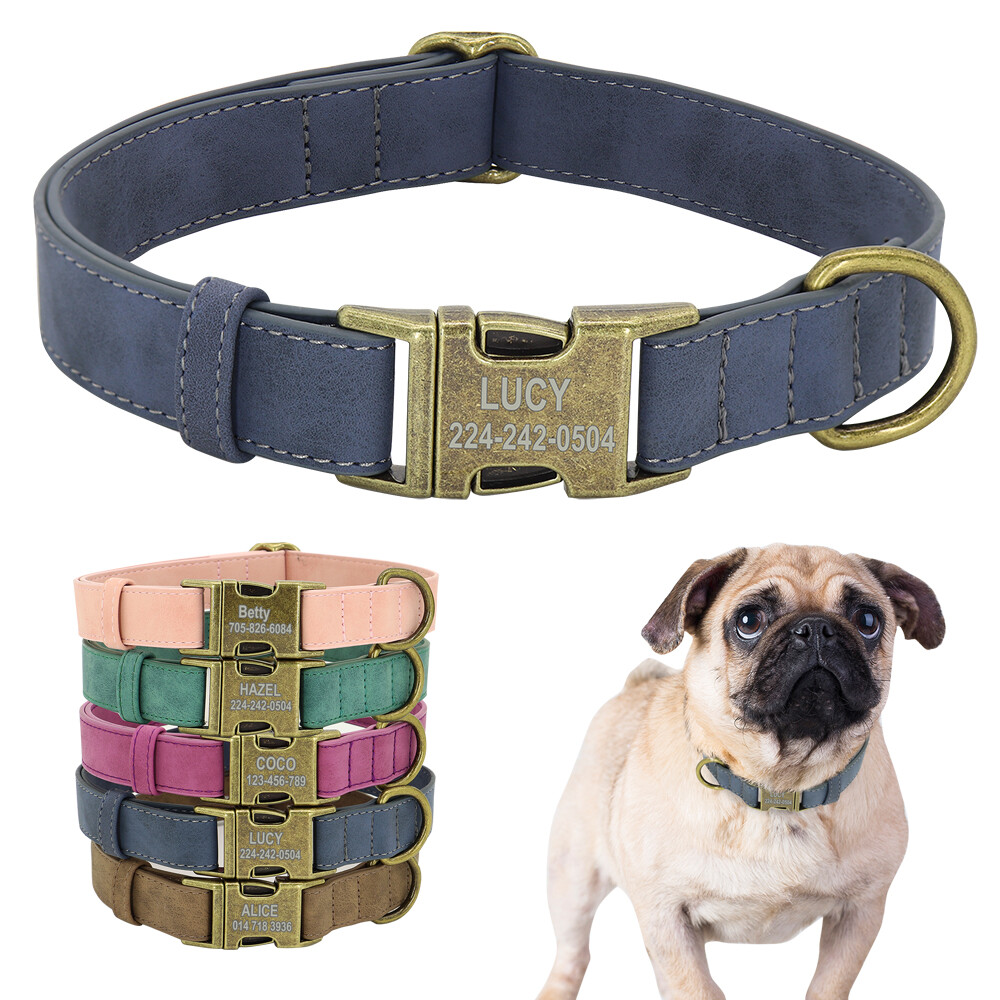 Personalized Dog Collar Soft Leather Brass Buckle Custom Name