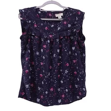 LOFT Outlet Blouse Sz PM Navy Blue Floral Print Flutter Sleeves Ruffle Office