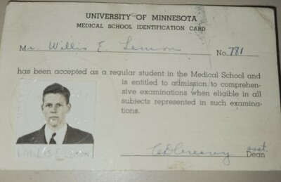 Vintage University Of Minnesota Med. School I.D. School Card Willis Lemon 1940s