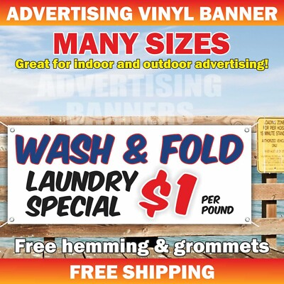 #ad WASH AND FOLD Advertising Banner Vinyl Mesh Sign LAUNDRY SPECIAL Washing Clean $162.46