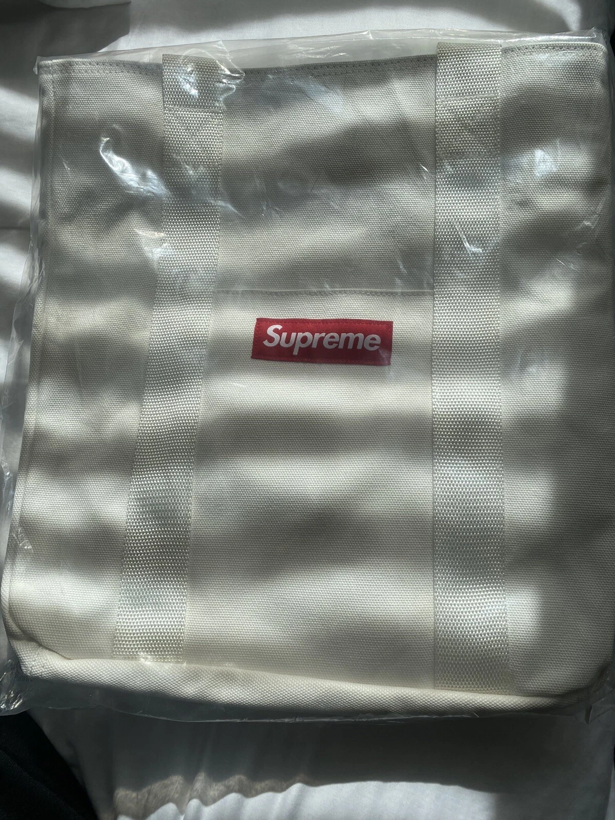 Sac fourre tout en toile Supreme logo crème/blanc bandoulière toile