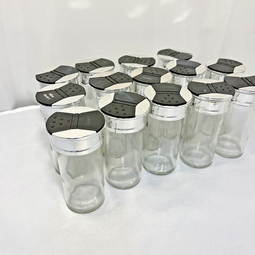 Lot Of 14 Clear Glass 4” Tall Spice Jars Bottles With 2 Sided Flip Lids Shaker