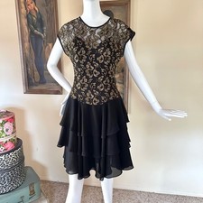 Vintage 1980s Black Gold Lace Goth Ballerina Ruffle Skirt Prom Dance Dress S/M