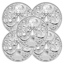 Lot of 5 - 2024 Australian Silver Perth Dragon 1 oz .9999 Fine BU