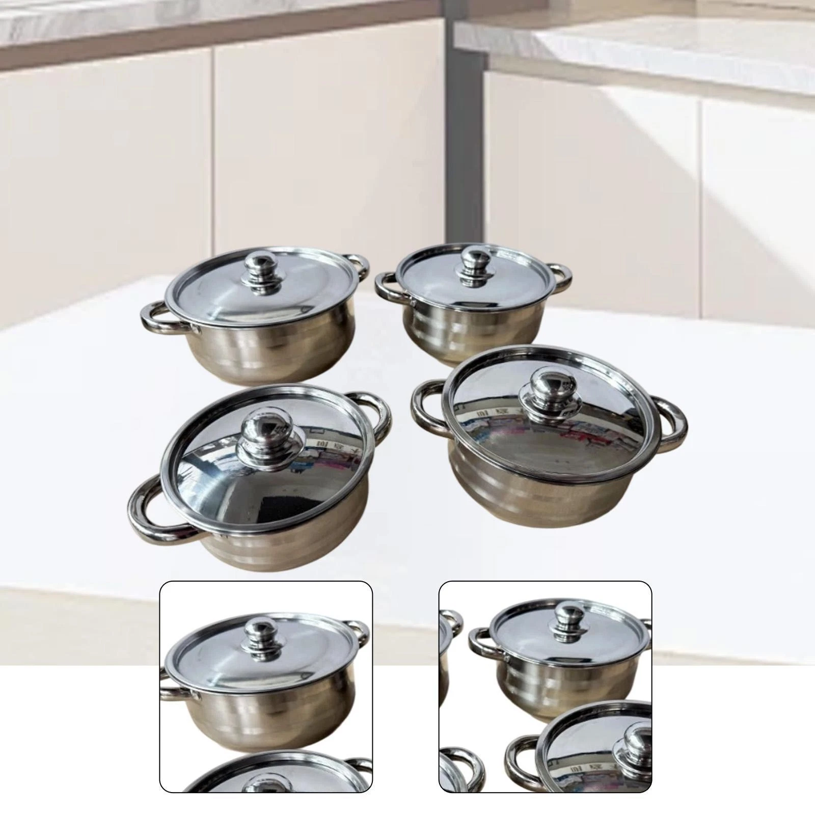 4x Stainless Steel Stockpot with Lid Soup Pot Spillproof Sturdy Quick Heating