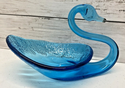 Vintage Viking Glass Blue Swan Dish Candy Soap Trinket MCM Bluenique Handblown